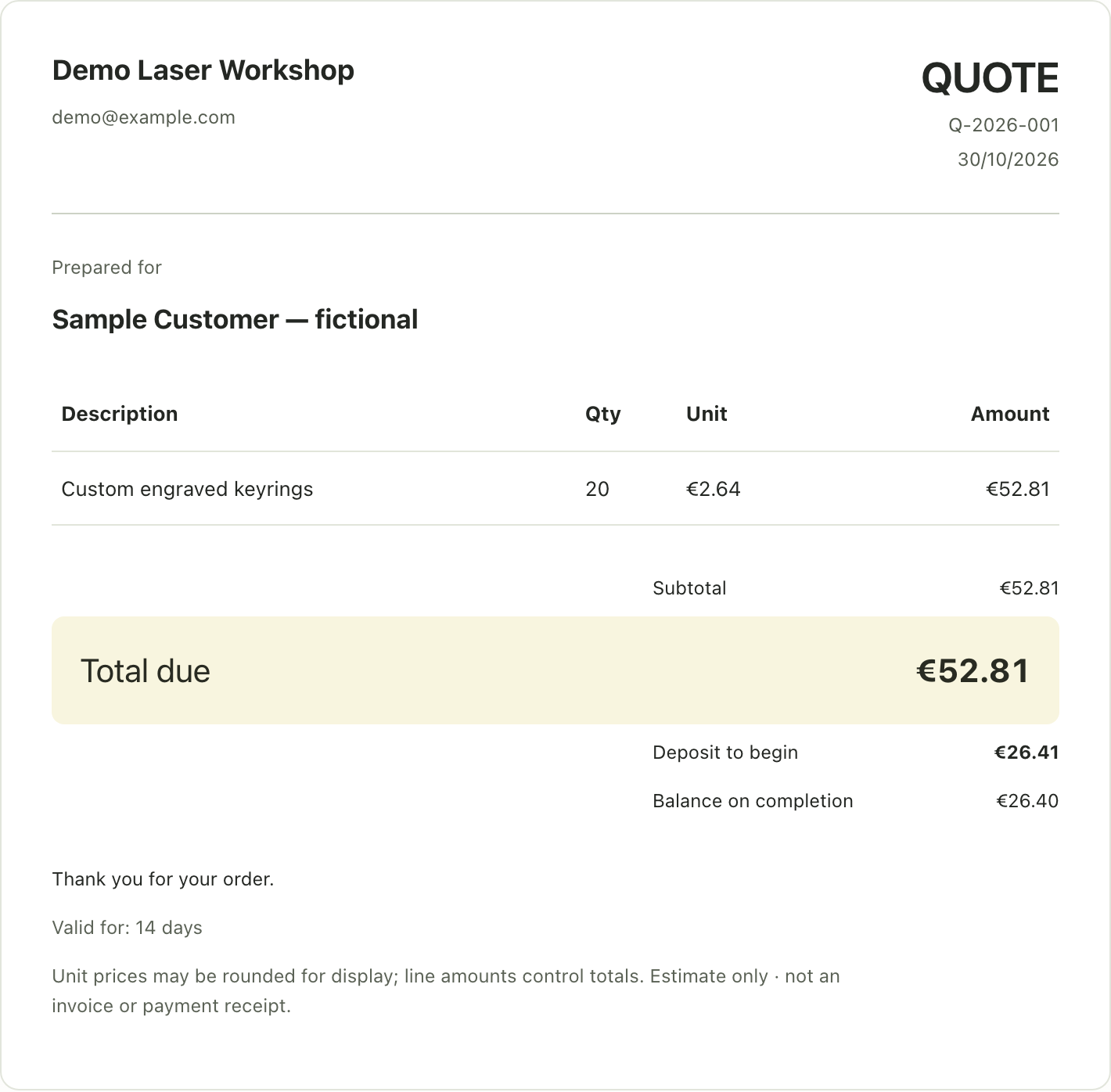 Actual Workshop Quote customer quote showing fictional sample data